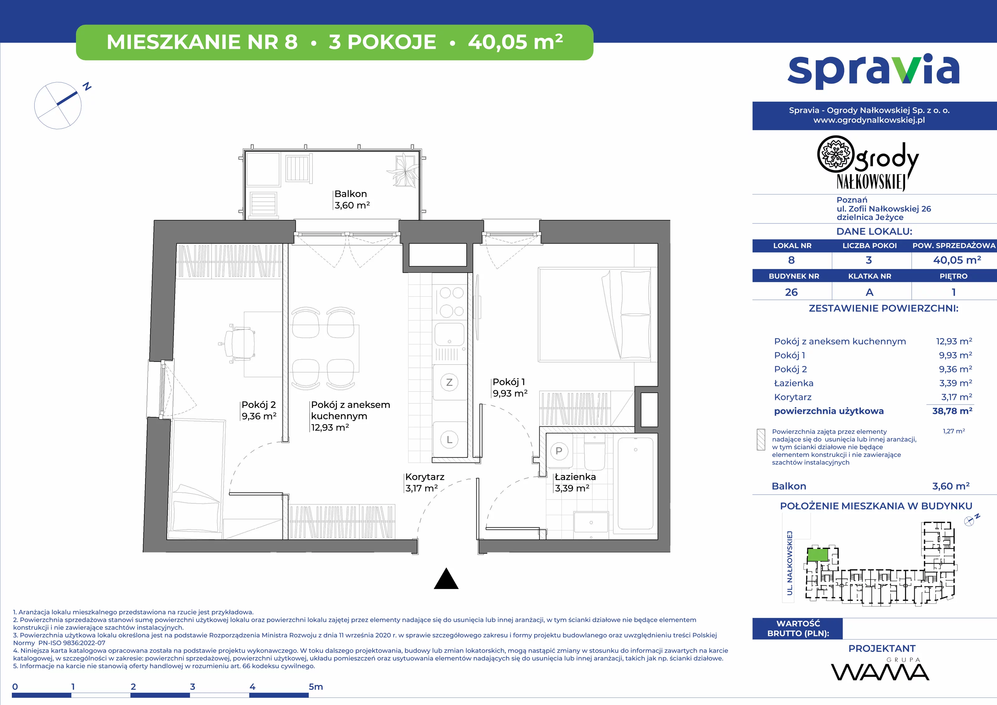 3 pokoje, mieszkanie 40,05 m², piętro 1, oferta nr 26-8, Ogrody Nałkowskiej, Poznań, Ogrody, ul. Nałkowskiej 24, 26